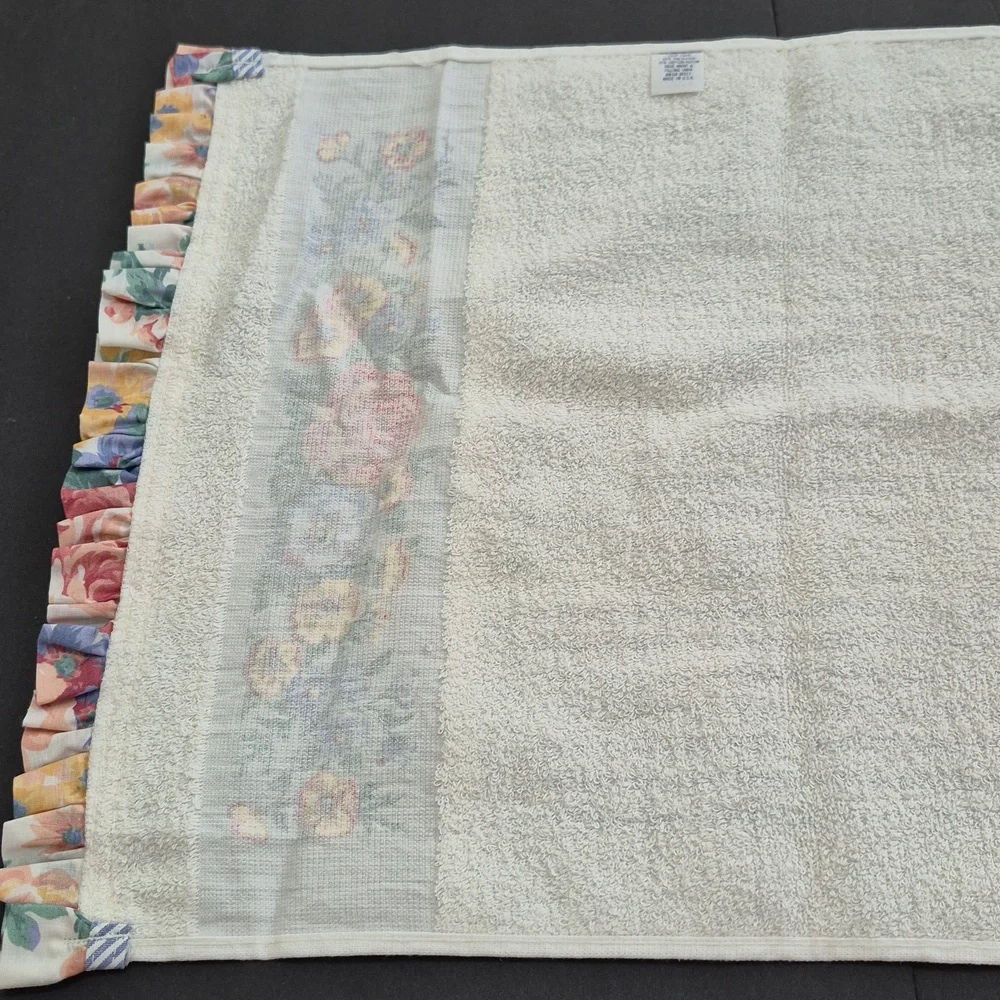 Vintage Floral and Striped Fringe Towel Shabby Cottage 80's 90's